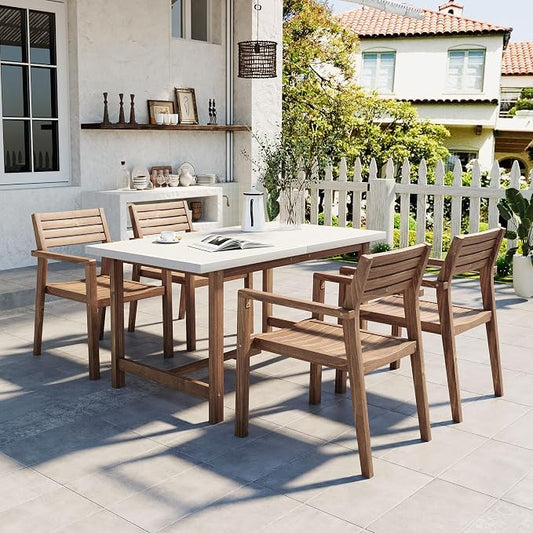 VilroCaz 5-Piece Outdoor Acacia Wood Outdoor Dining Set, All-Weather 59'' Rectangular Table with Umbrella Hole and 4 Armchair for Patio Lawn Garden Poolside (Brown-U27)