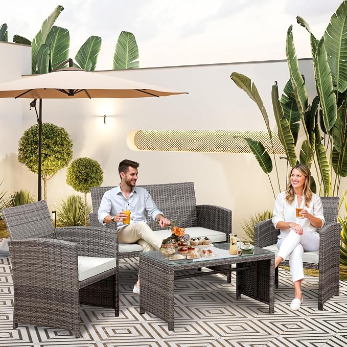 SUNLEI Patio Furniture Set 4 Piece Outdoor Furniture Set, PE Rattan Wicker Patio Conversation Set with Cushions & Glass Coffee Table, Backyard Patio Seating for Balcony Porch Garden Poolside, White