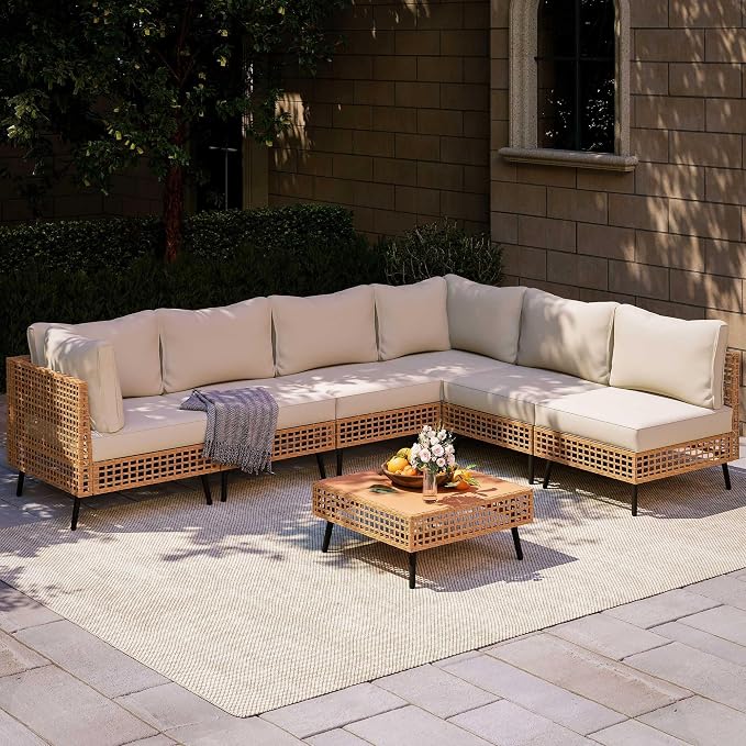 LAUSAINT HOME Outdoor 7 Pieces PE Wicker Patio Conversation Set, All-Weather Rattan Sectional Sofa with Thick Cushions & Coffee Table for Garden, Yard and Balcony (Beige)