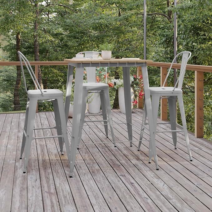 BizChair Commercial Outdoor Dining Table Bar Height, All Weather Poly Resin Top with Steel Base, 31.5" Square, Brown/Silver