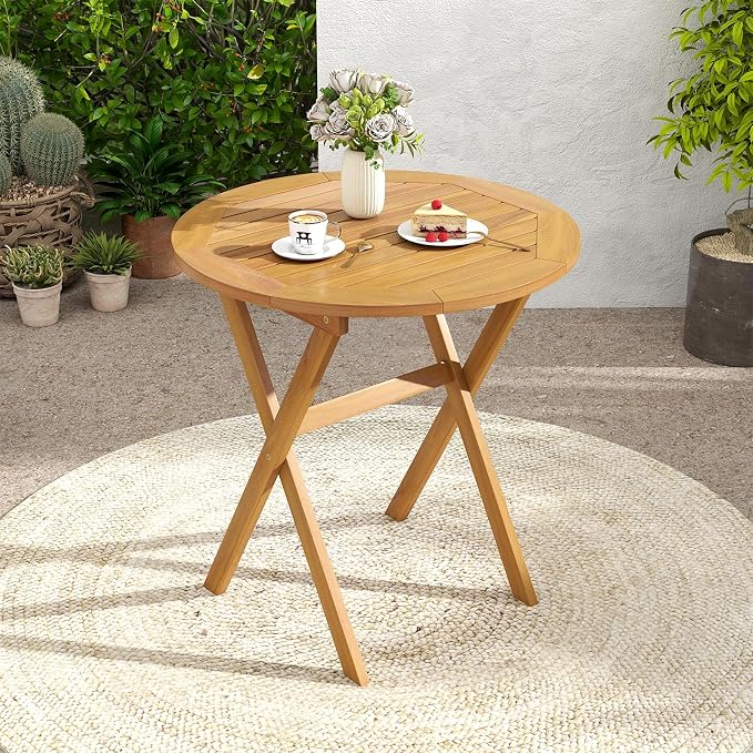 HAPPYGRILL Folding Acacia Wood Patio Table, Round Outdoor Bistro Table 26”, Outside Wooden Coffee Side Table for Porch Balcony Garden and Backyard (2)