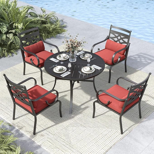 MFSTUDIO 5-Piece Patio Dining Set, 42" Round Metal Table, Fixed Chairs | Umbrella Hole, Red