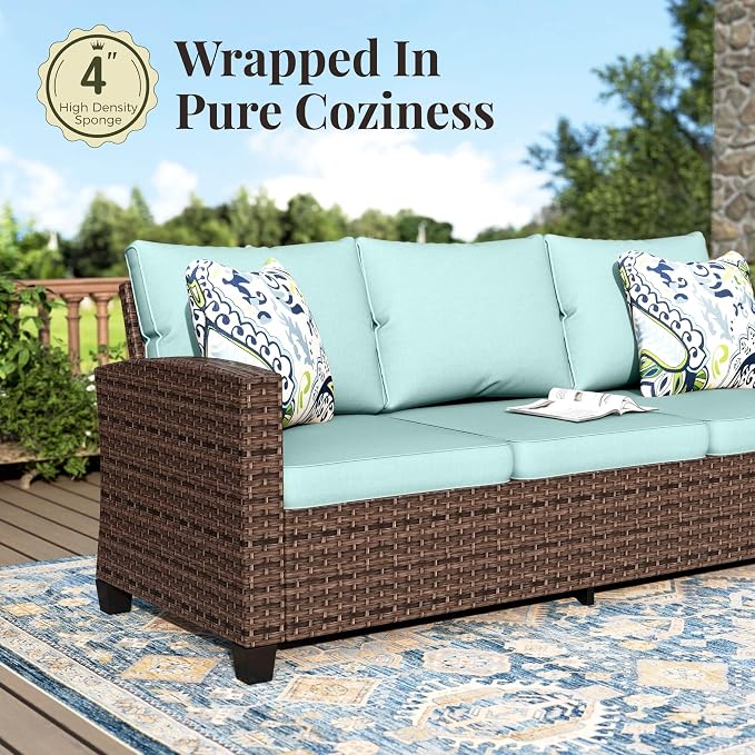 MIXPATIO Swivel Glider Patio Furniture Set, 8 Pcs Wicker Rattan Outdoor Conversation Set, 2 x Swivel Chairs, 2 x Leg Chairs, 1 x 3 Seater Sofa and 2 x Ottomans and 56" Fire Pit Table, Blue
