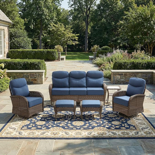 Luxury Patio Furniture Set with 6-inch Thick Cushions, Outdoor Furniture Set with High Back Swivel Chairs, 6 PCS Wicker Outdoor Conversation Set for Porch, Patio, Yard, Deck, Poolside, Brown/Blue
