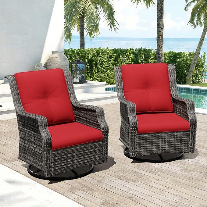 Swivel Patio Chairs Set of 2, Wicker Patio Furniture with Thick Cushions, Curved Armrest, Deep Seating, Rattan Outdoor Chairs for Porch, Deck, Balcony