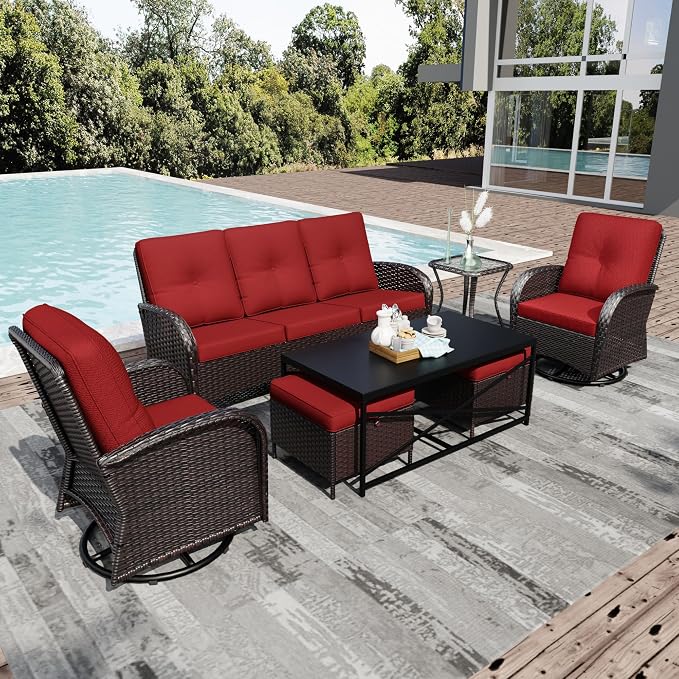 Joyside Wicker Patio Furniture Set, 7 Piece Outdoor Furniture Set with Thickened Cushions, High Back, Deep Seating, Wide Armrest, Outdoor Swivel Rocker Chairs for Porch, Deck