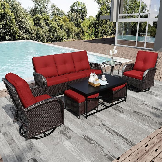 Joyside Wicker Patio Furniture Set, 7 Piece Outdoor Furniture Set with Thickened Cushions, High Back, Deep Seating, Wide Armrest, Outdoor Swivel Rocker Chairs for Porch, Deck