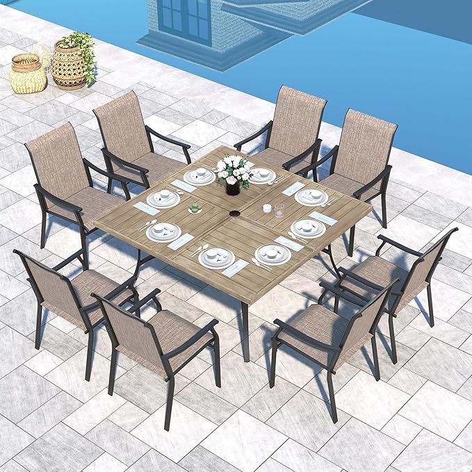 Sophia & William Patio Dining Set 9 Pieces, 8 Quick Dry Textilene Chairs and 1 Large Square Outdoor Dining Table, All-Weather Patio Furniture for Lawn, Park, and Courtyard Support 350lbs