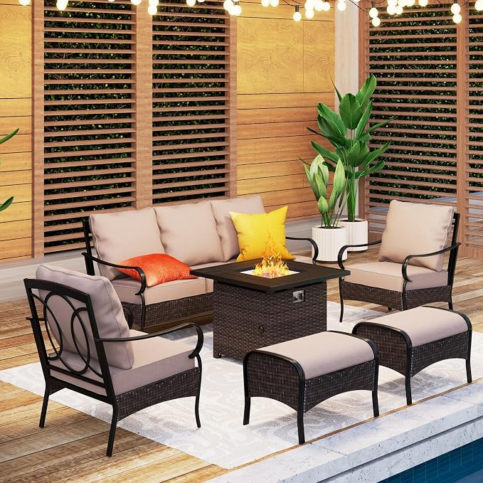 Outdoor Patio Furniture Set with 32" Fire Pit Table, 6 Pieces Heavy-Duty Metal Conversation Sets, Wicker Modern Sofa Set for Patio, Balcony, Backyard, Deck, Poolside