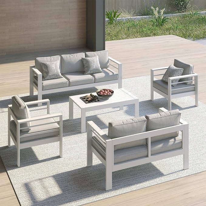 FansaFurn All-Weather Aluminum Outdoor Coffee Table, Modern Rectangle Patio Coffee Table for Balcony Garden, Light Grey