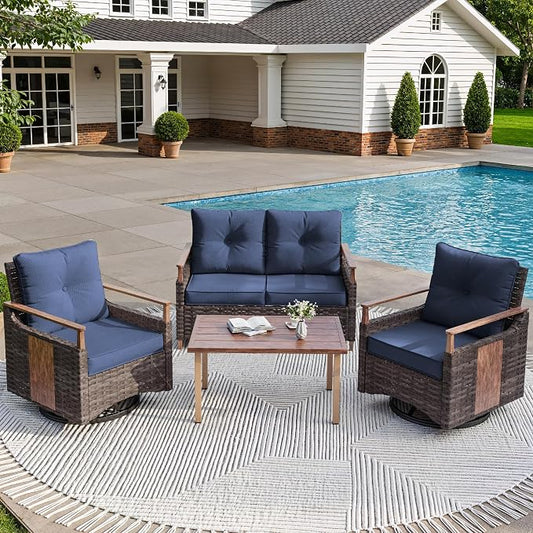 NestNook 4 Pieces Patio Furniture Set, Outdoor All-Weather Handwoven PE Wicker Swivel Chairs, Conversation Set with Coffee Table, Loveseat & Thick Cushion for Backyard, Deck & Poolside, Blue