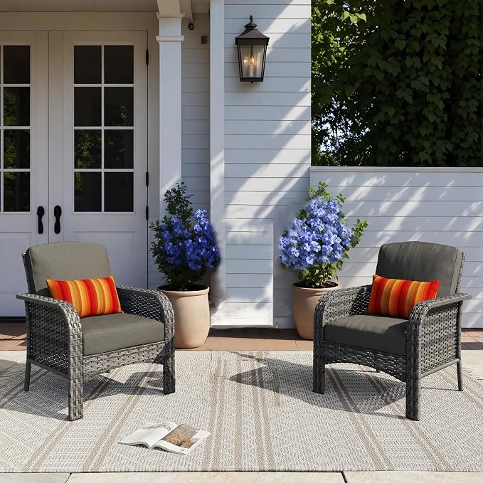 HOOOWOOO Patio Furniture Set,2 Pieces Outdoor Wicker Chairs Set,All Weather Bistro Chairs with Comfy High Back,Black