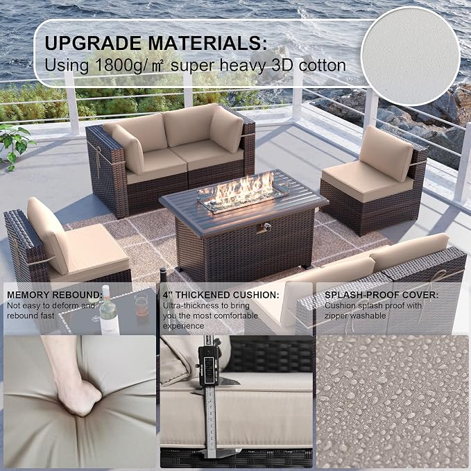 Kullavik 8 Pieces Outdoor Patio Furniture Set with 43" 55000BTU Gas Propane Fire Pit Table PE Wicker Rattan Sectional Sofa Patio Conversation Sets,Khaki