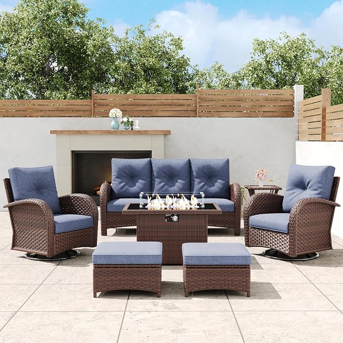 7 Pieces Outdoor Wicker Patio Swivel Rocking Chairs, All Weather Wicker Conversation Set with 44" Fire Pit Table