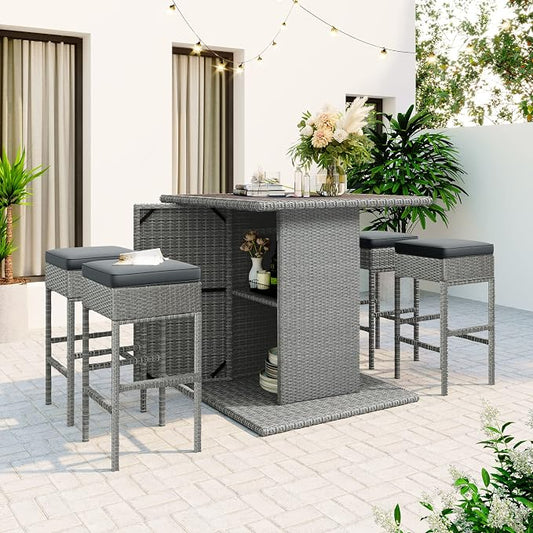 5-Piece Outdoor Patio Rattan Dining Set, PE Wicker Square Kitchen Counter Height Table Set with Storage Shelf and 4 Padded Stools
