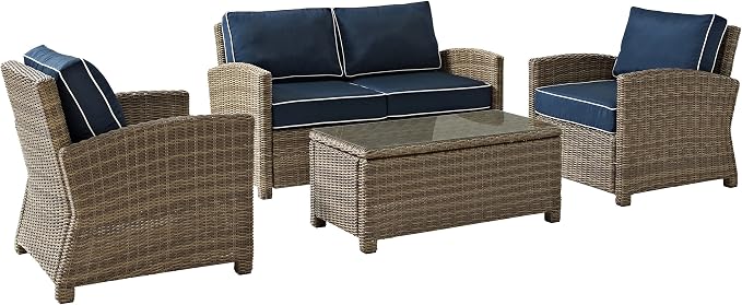 Crosley Furniture Bradenton 4-Piece Outdoor Loveseat Patio Furniture Set, Wicker Conversation Sets for Porch, Brown with Navy Cushions