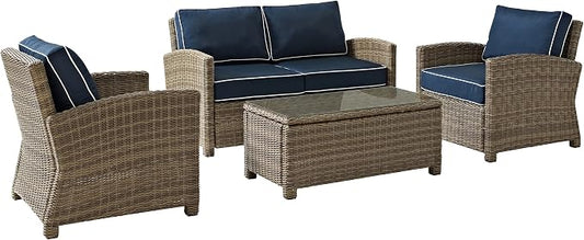 Crosley Furniture Bradenton 4-Piece Outdoor Loveseat Patio Furniture Set, Wicker Conversation Sets for Porch, Brown with Navy Cushions