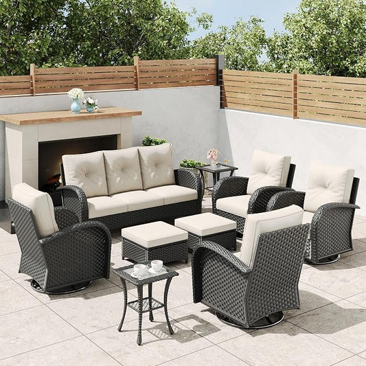 9 Pieces Outdoor Wicker Patio Swivel Rocking Chairs, All Weather Wicker Conversation Set with Side Table