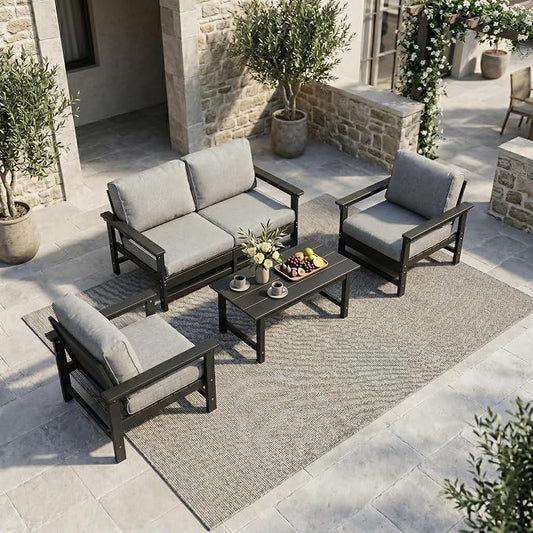 4-Piece Outdoor Patio Furniture Set, Modular HDPE Conversation Set with Loveseat, 2 Armchairs & Large Coffee Table, Waterproof & UV-Resistant Outdoor Sofa with Cushions for Garden