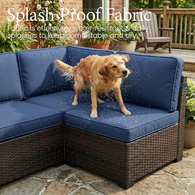 LayinSun 7 Pieces Outdoor Patio Furniture Set with 44" Fire Pit Table Brown Rattan Sectional Sofa Conversation Sets