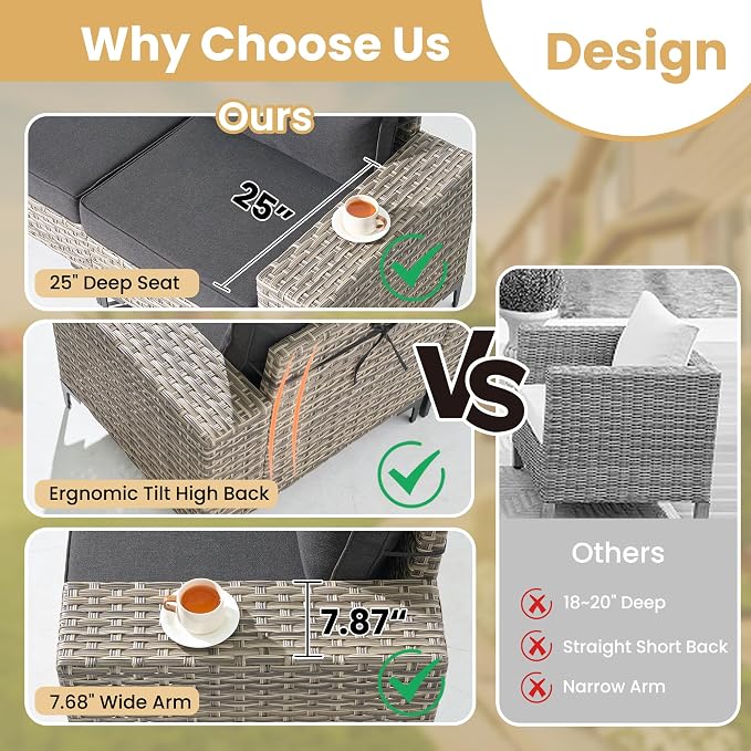 HOOOWOOO 8 Pieces Patio Furniture Set,L Shaped Outdoor Sectional Couch with Fire Pit Table, Pe Wicker All Weather Outside Conversation Sofa Swivel Chiars Solar Table Ottoman Set,Black