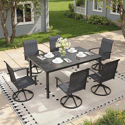 7 Pieces Patio Dining Set, Outdoor Furniture of 63" Rectangular Patio Table and Patio Swivel Chairs for Backyard Lawn Garden, Black Table and Black Chairs