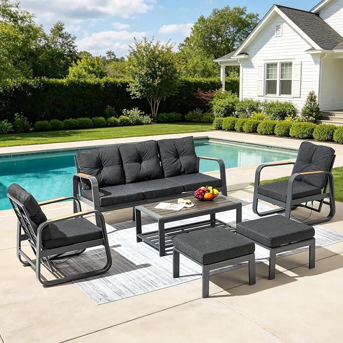 6 Pcs Aluminum Patio Furniture Set with Coffee Table Outdoor Conversation Sofa Set Include Adjustable 3-Seater Sofa, 2 Hydraulic Chair, 2 Ottoman for Balcony, Garden, Poolsid（Gray）