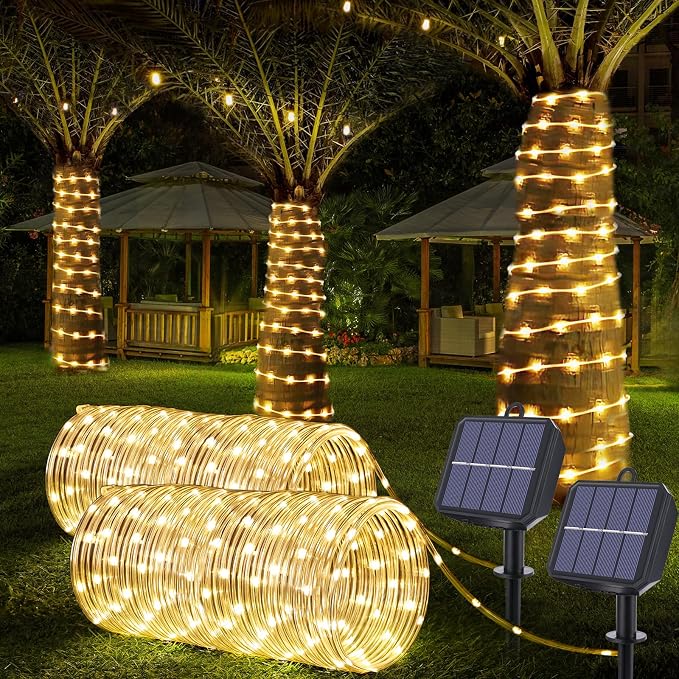 Solar Rope Lights, 2 Packs Total 132ft 400LED Solar String Lights, 8 Modes Waterproof Solar Outdoor Light, Flexible Clear Trampoline Light for Garden Backyard Patio Deck Pool Tree Decor - Warm White