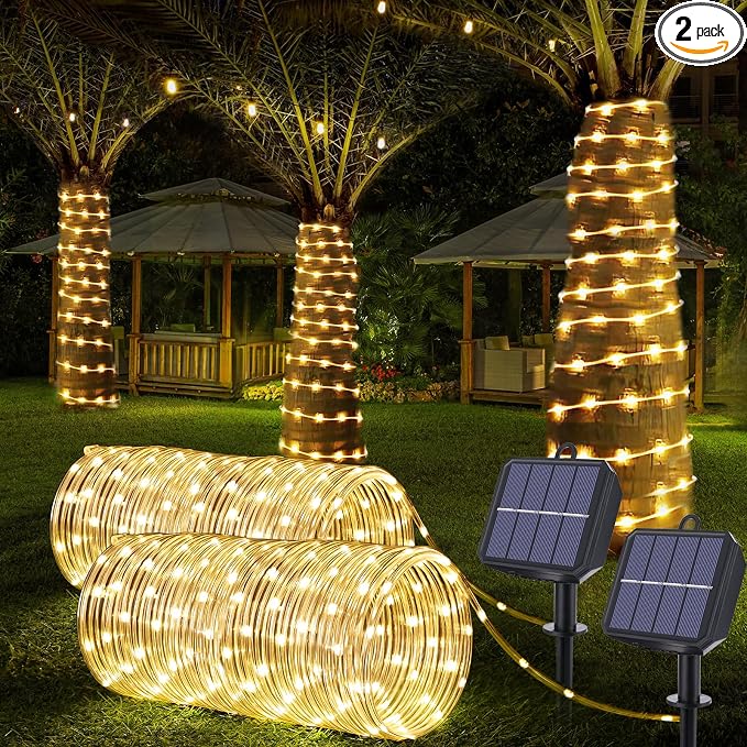 Solar Rope Lights, 2 Pack Total 66ft 200LED Solar String Lights, 8 Modes Waterproof Solar Outdoor Light, Flexible Clear Trampoline Light for Garden Yard Patio Deck Porch Pool Tree Decor - Warm White