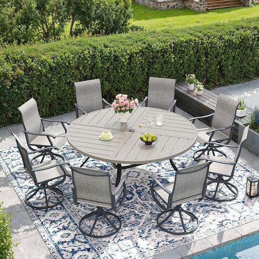 DIFY Patio Table and Chairs Set for 8, 9 Piece Outdoor Dining Set, 59.8" Grey Wood-Like Round Metal Dining Table with Umbrella Hole and 8 Grey Textilene Swivel Patio Chairs, for Garden Backyard Deck