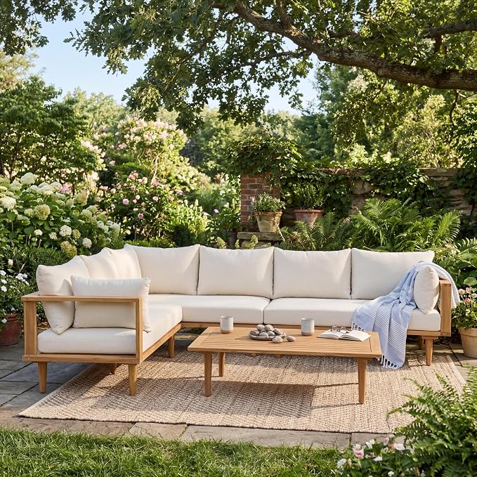 Christopher Knight Home Flynn Acacia Wood Patio Furniture Set, 6-Seater L-Shaped Sectional Sofa Set and Small Coffee Table, Outdoor Conversation Set for Backyard Poolside Balcony, Natural+Beige