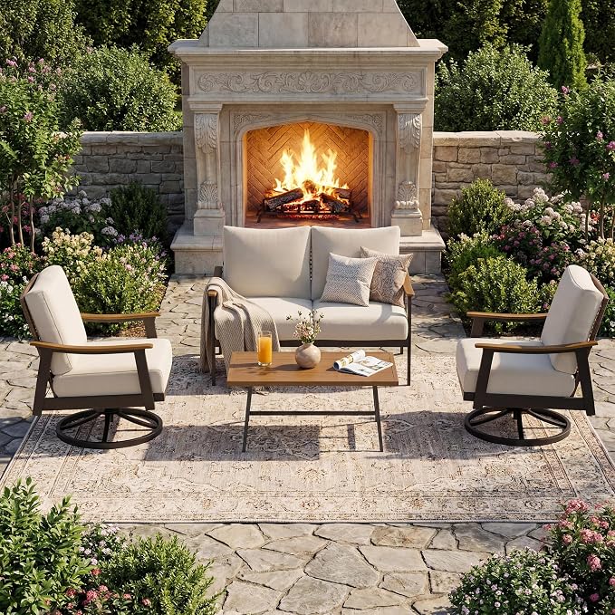 NATURAL EXPRESSIONS Patio Conversation Sets for 4, Wicker Patio Furniture Set with 6" Olefin Cushions, Outdoor Furniture Set with for Patio, Garden, Backyard