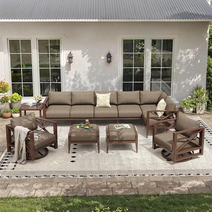 Aluminum Outdoor Patio Furniture Set with Swivel Chairs, 11-Piece Outdoor Sectional with 5.2" Thick Cushions, Patio Conversation Sets with Ottomans for Backyard,(Brown,8 Seats)