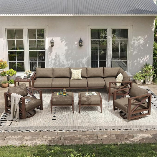 Aluminum Outdoor Patio Furniture Set with Swivel Chairs, 11-Piece Outdoor Sectional with 5.2" Thick Cushions, Patio Conversation Sets with Ottomans for Backyard,(Brown,8 Seats)