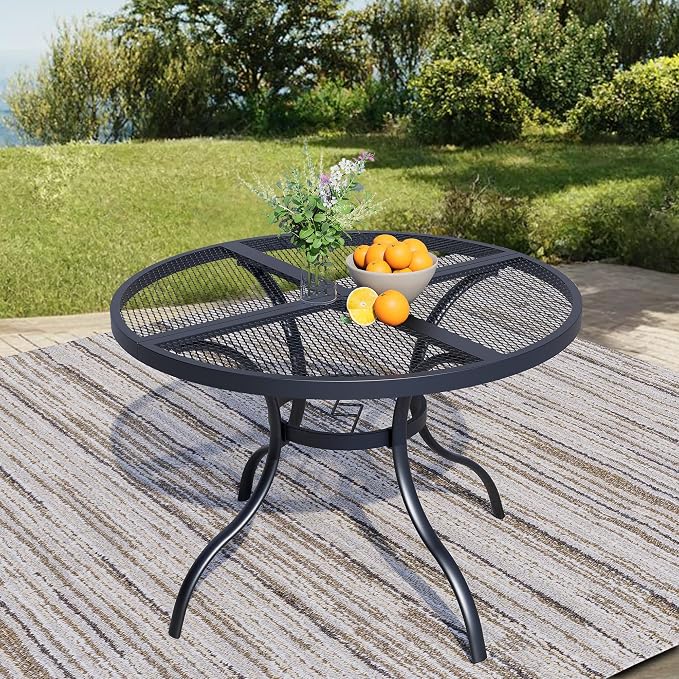 42'' Outdoor Patio Dining Table with Adjustable Umbrella Hole, Mesh Tabletop Round Table, Heavy Duty 400lbs Capacity, for Deck, Balcony, Bistro, Black