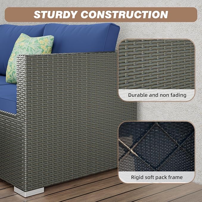 5 Piece Patio Furniture Sets, All-Weather PE Rattan Wicker Outdoor Sectional Sofa with Cushions and Glass Table for Garden Backyard Poolside