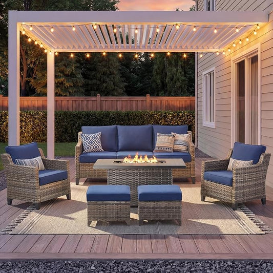 Patio Furniture Set with 42.5" Fire Pit Table-6 Pieces All Weather Wicker Outdoor Furniture with High Back Wicker Patio Chairs Set of 2 Outdoor Couch for Deck Backyard Blue/Gray