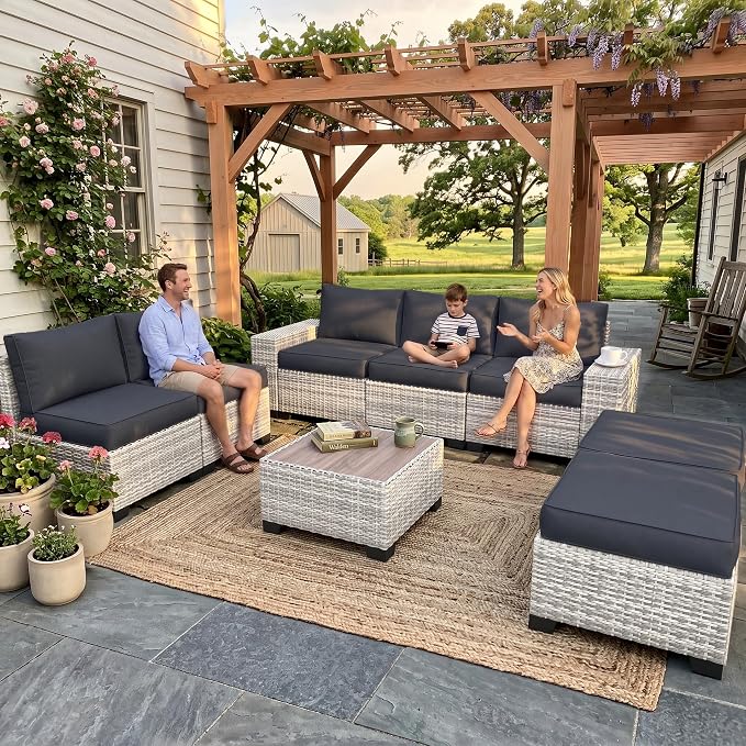 8-Piece Outdoor Patio Furniture Set Wicker Sectional Sofa Set with Ottomans, Patio Conversation Set with Thickened Cushions & Coffee Table for Garden, Backyard, Poolside, Dark Grey