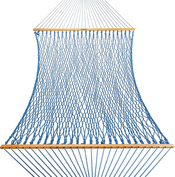 Original Pawleys Island Deluxe Coastal Blue DuraCord Rope Hammock – 13 ft. x 65 in, 2-Person, 450 lb Capacity, Oak Spreader Bar, Zinc-Plated Hardware, Handcrafted in the USA
