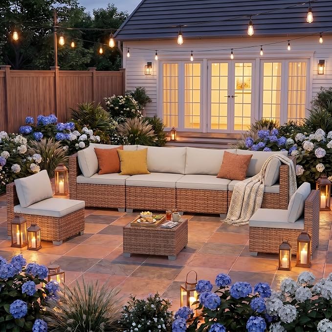 Ahomly 7-Piece Patio Furniture Set, Outdoor Sectional Couch with Water-Resistant Cushions & Coffee Table, PE Rattan Outdoor Patio Sofa Set for Backyard, Deck, Garden, or Porch, Grey