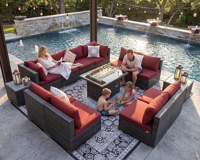 NICESOUL 13 Piece Outdoor Sectional Furniture with Firepit, Contemporary Back Yard Fireplace w/Seating Area, Plus Size 29.3'' High Back Patio Set, All-Weather Wicker Couch for Exterior, Gray & Red