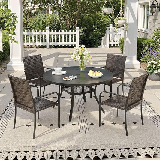 Outdoor Dining Set for 4, 40.6" Metal Round Outdoor Dining Table with Umbrella Hole and Wicker Stackable Patio Chairs, 5 Pieces Patio Table and Chairs Set for Garden Backyard, Black