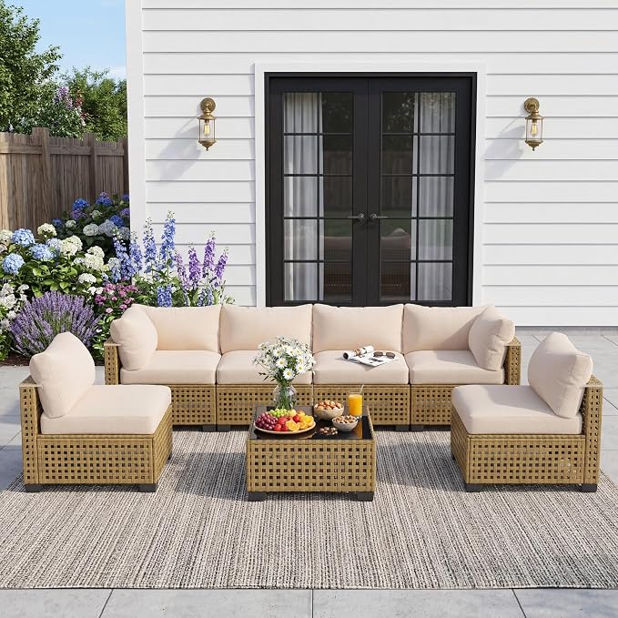 Patio Furniture Set, 7-Piece Outdoor Sectional Couch with Coffee Table & Thick Cushions, Outdoor Wicker Conversation Set for Backyard, Poolside, Garden (Yellow-White, 7 Piece-Single)