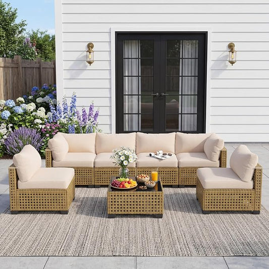 Patio Furniture Set, 7-Piece Outdoor Sectional Couch with Coffee Table & Thick Cushions, Outdoor Wicker Conversation Set for Backyard, Poolside, Garden (Yellow-White, 7 Piece-Single)