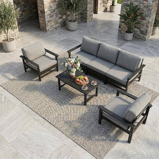6-Piece Outdoor Patio Furniture Set, Modular HDPE Conversation Set with 3-Seater Sofa, 2 Armchairs & Large Coffee Table, Waterproof & UV-Resistant Outdoor Sofa with Cushions