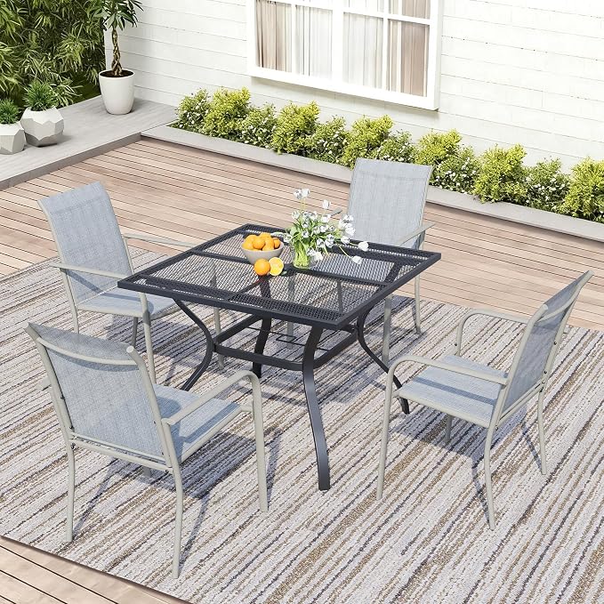 5 Piece Patio Dining Set for 4, 37.5” Black Square Table with Umbrella Hole and 4 Beige Blue Patio Stackable Chairs, Patio Table and Chairs for Backyard, Lawn, Deck & Garden
