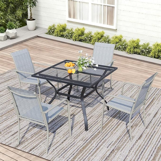 5 Piece Patio Dining Set for 4, 37.5” Black Square Table with Umbrella Hole and 4 Beige Blue Patio Stackable Chairs, Patio Table and Chairs for Backyard, Lawn, Deck & Garden