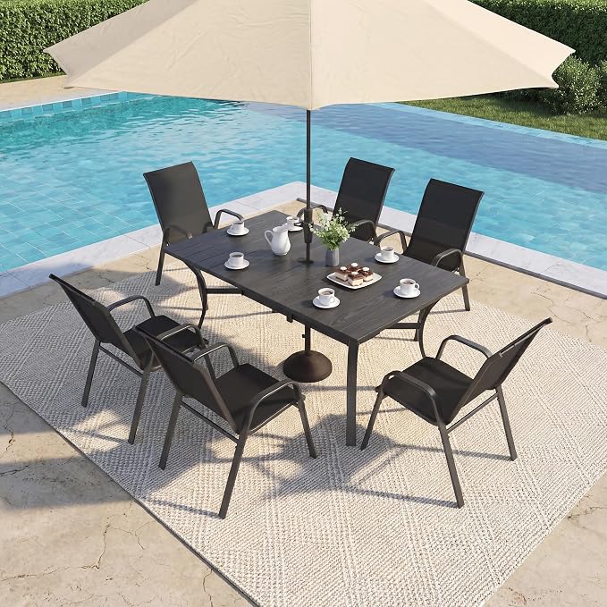 7-Piece Outdoor Dining Set - Rectangular Patio Table with Umbrella Hole and 6 Stackable Dining Chairs All-Weather for Garden, Deck, and Poolside (Black, 63"L x 38"W x 28"H Rectangle Dining Table)