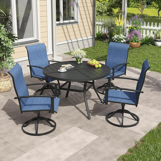 VICLLAX 5 Pieces Patio Outdoor Dining Set, 4 Swivel Textilene Chairs and 40.6" Round Metal Table with Umbrella Hole for Porch, Deck, Garden, Black/Dark Blue