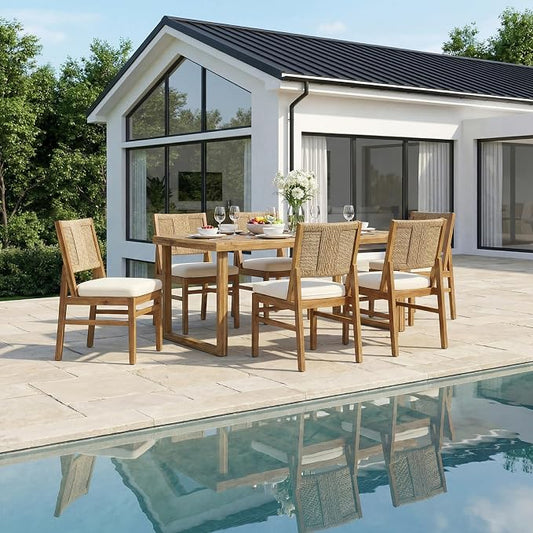 Christopher Knight Home Arly Acacia Wood Patio Dining Set for 6, Solid Wood Outdoor Dining Table Set for 6, 7 Piece Outdoor Dining Set with Rectangular Table and Wicker Backrest, Teak+Cream